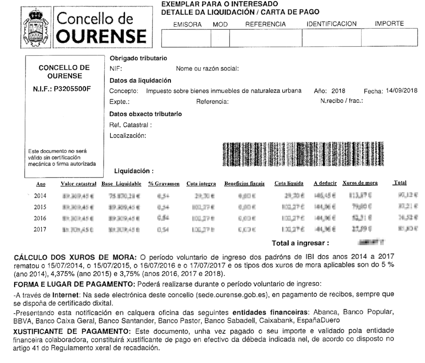 ejemplo carta de pago IBI Concello de Ourense
